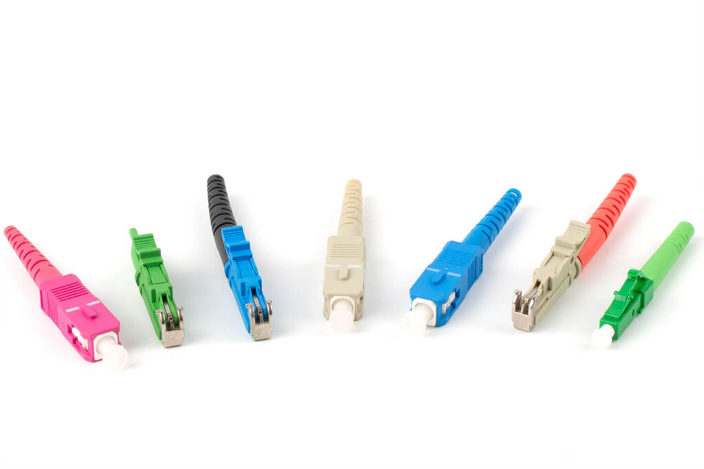 White background image of various fiber optic connectors for classification