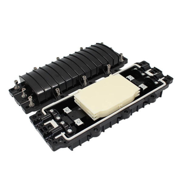 Open view of the fiber splice closure showing splice trays