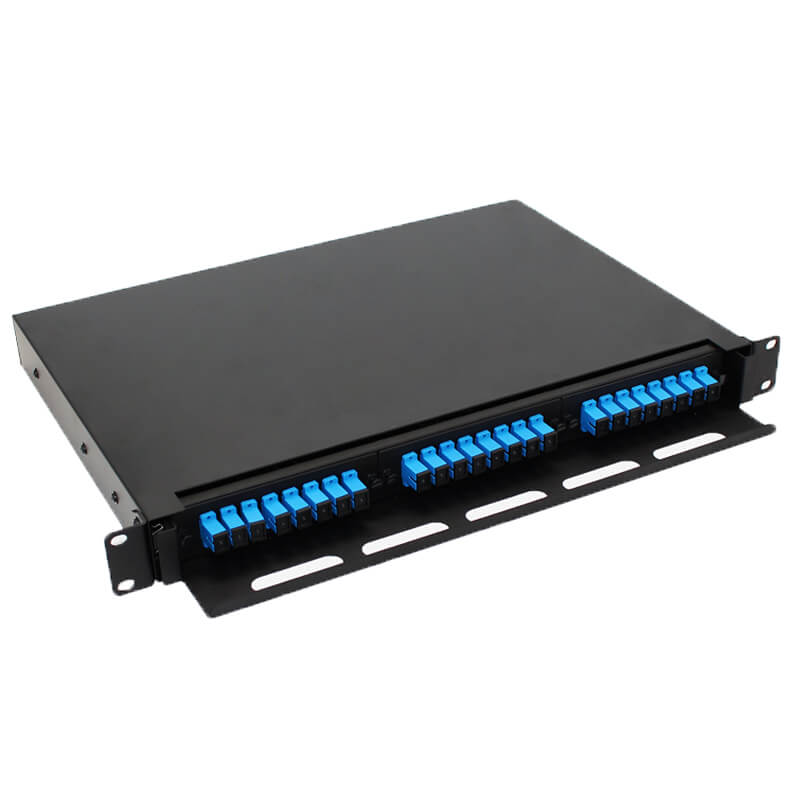 Front view of 1U-A optical distribution frame with 24 SC ports