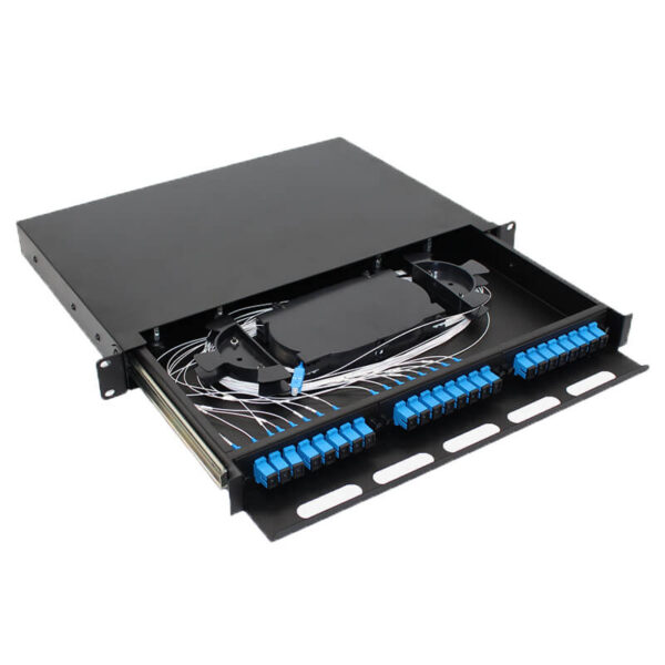 Inside view of optical distribution frame showing splice tray and cable routing