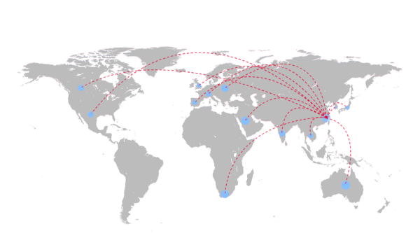 Mapa mundial de la red global de cooperación en fibra óptica de Yingfeng