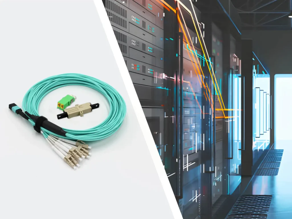 MPO patch cables and adapters connected to data center racks