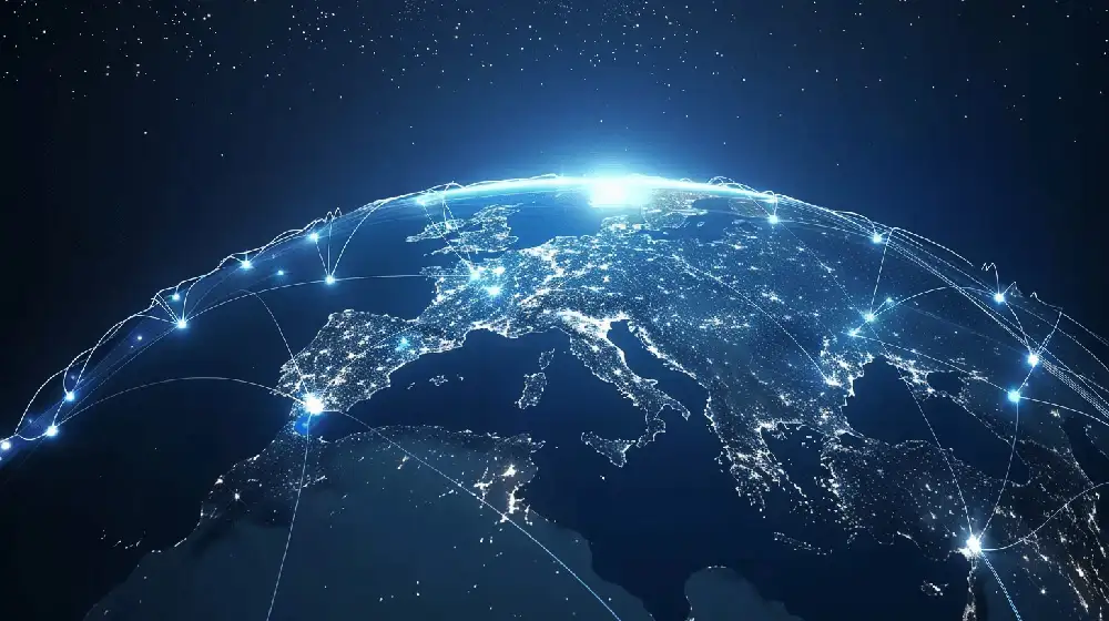 各国を結ぶ光ファイバーが光る地球のイラスト - 全世界をカバー
