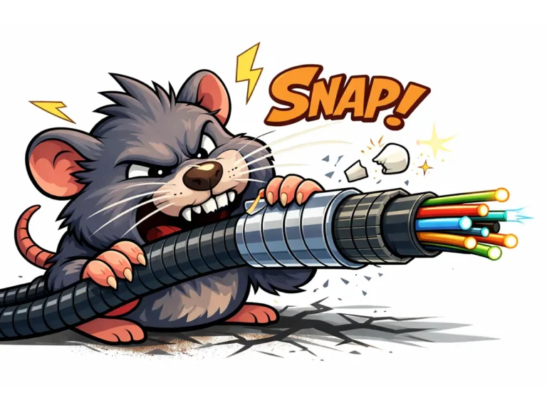 Cartoon mouse biting an armored fiber optic cable with damaged teeth, showing rodent-resistant protection