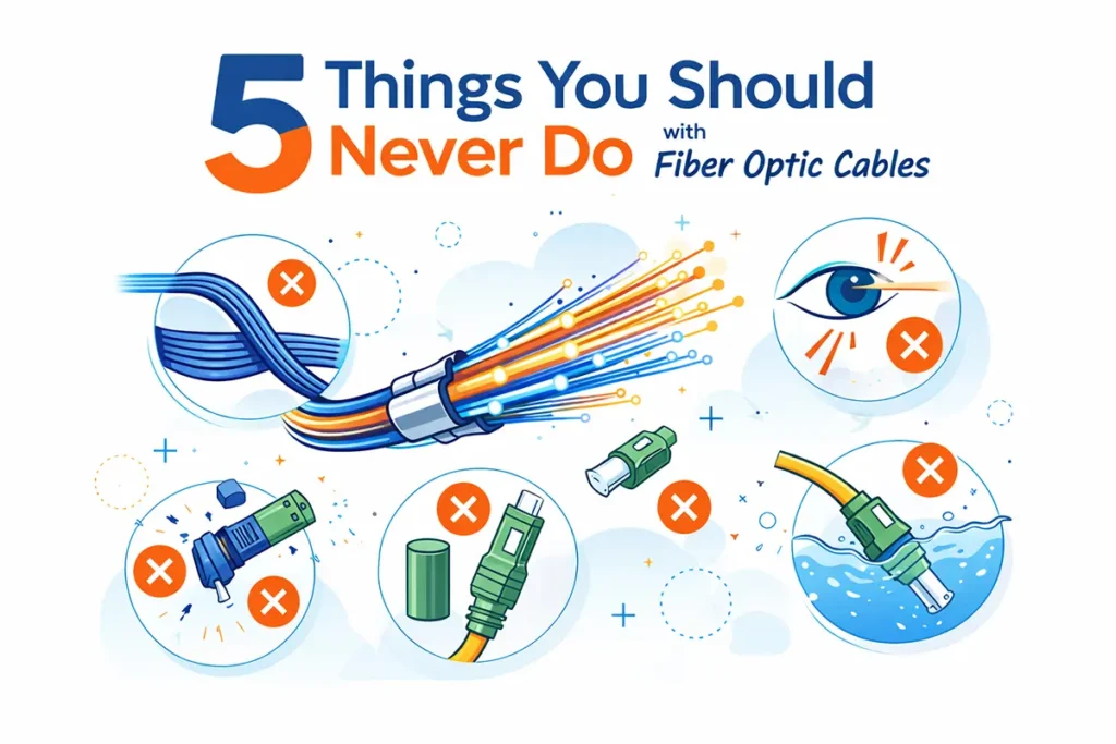 Illustration montrant les erreurs courantes dans la manipulation des fibres optiques, notamment la flexion excessive, la contamination par la poussière, l'exposition à l'eau et les risques liés à la sécurité laser.