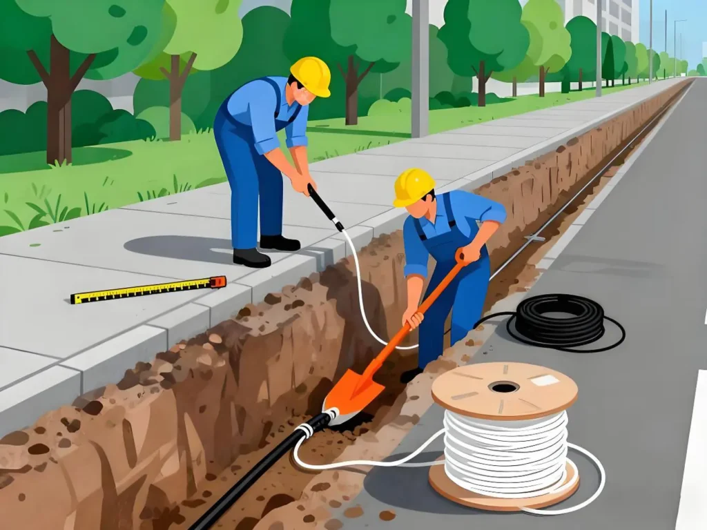los trabajadores están enterrando cable de fibra