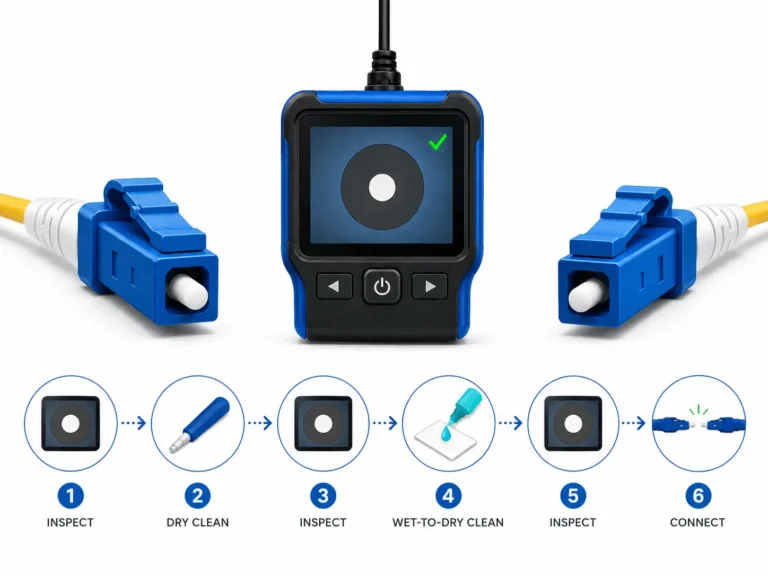 Fiber optic connector cleaning workflow showing inspection, dry cleaning, wet-to-dry cleaning and reconnection process.