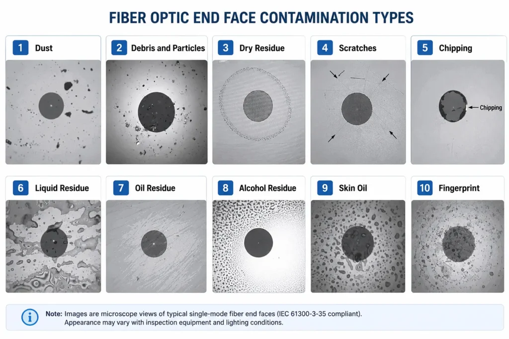 Common types of fiber optic connector end face contamination, including dust, debris, dry residue, scratches, chipping, liquid residue, oil residue, alcohol residue, skin oil and fingerprints.