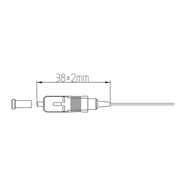 Maßzeichnung eines 0,9 mm SC-Glasfasersteckers mit einer Länge von 38 mm