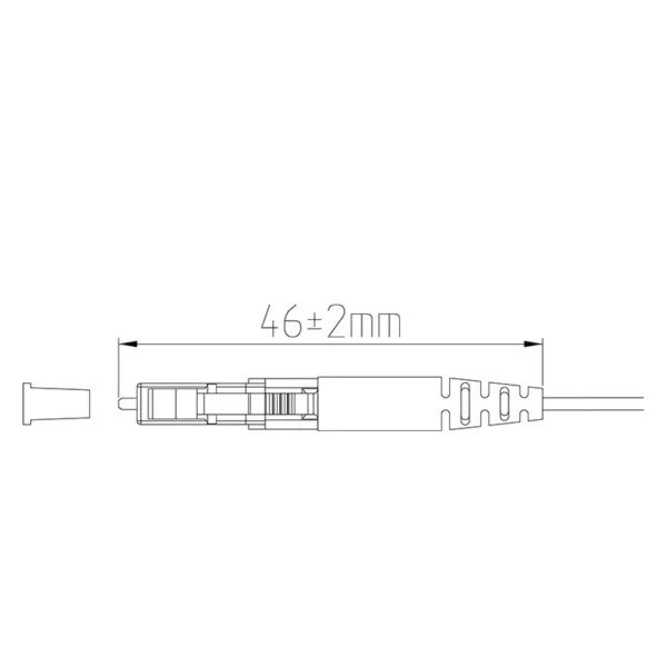 Plan coté d'un connecteur de fibre optique LC multimode de 1,2 mm, d'une longueur de 46 mm