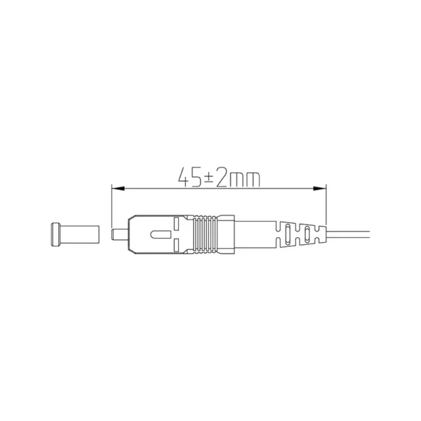 Disegno quotato di un connettore per fibra ottica SC da 1,2 mm con lunghezza di 45 mm