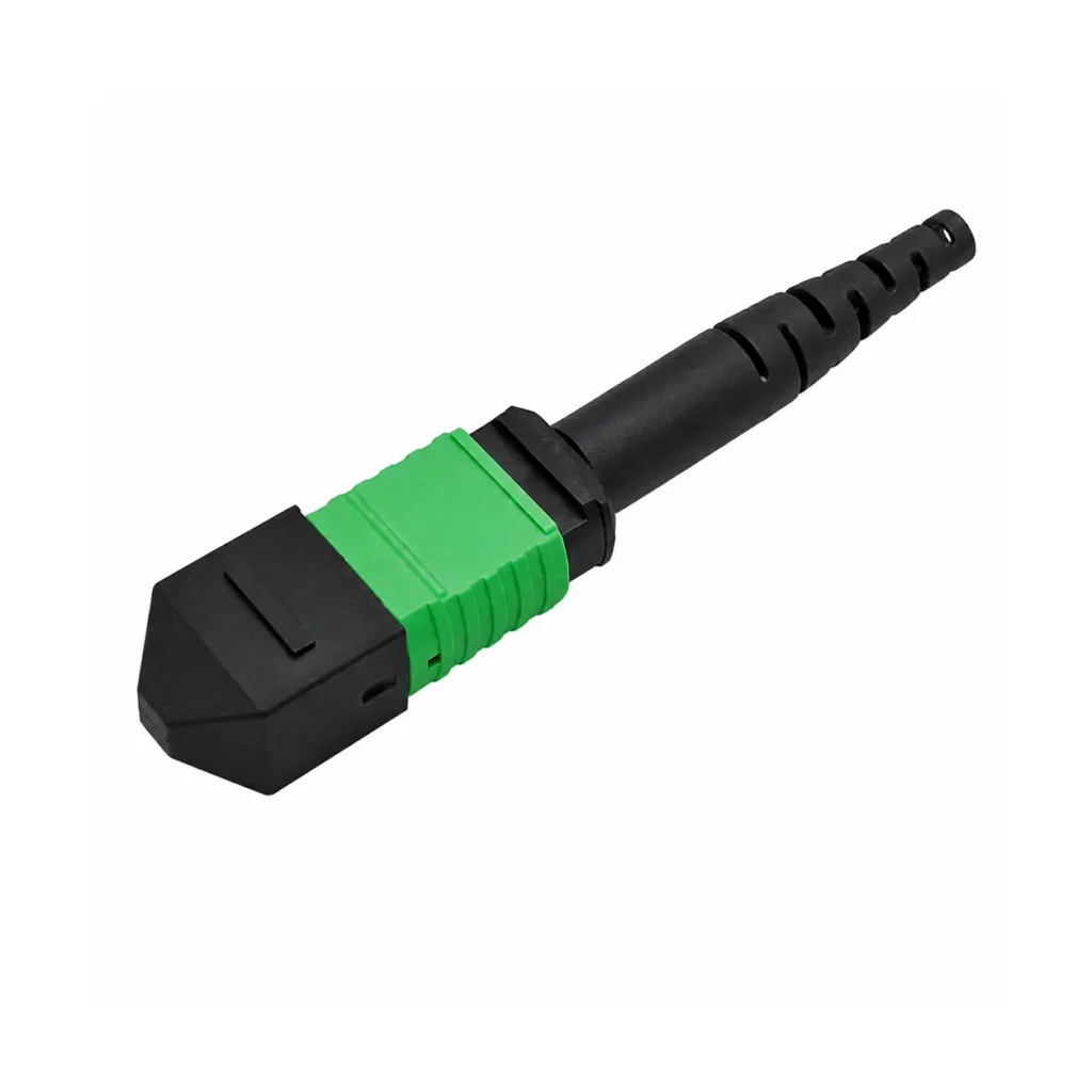 Оптический разъем Green 12F MPO APC с штекером, черной пылезащитной крышкой и защитной манжетой