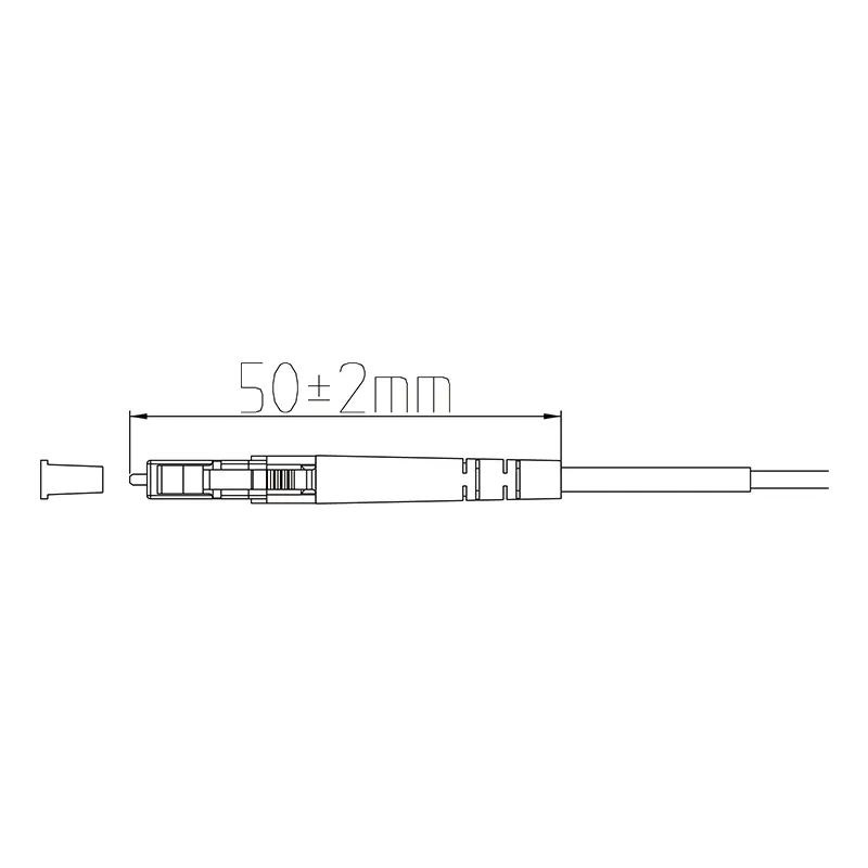 Plan coté d'un connecteur APC LC de 2,0 mm avec gaine thermorétractable, d'une longueur de 50 mm