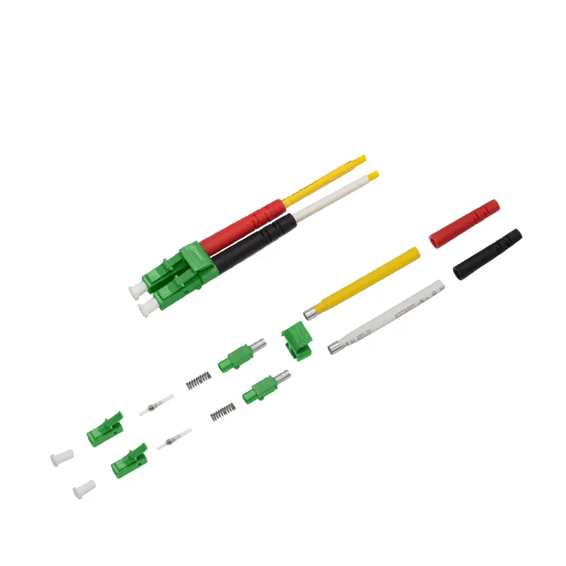 Vue éclatée des composants d'un connecteur à fibre optique monomode duplex LC APC vert de 2,0 mm