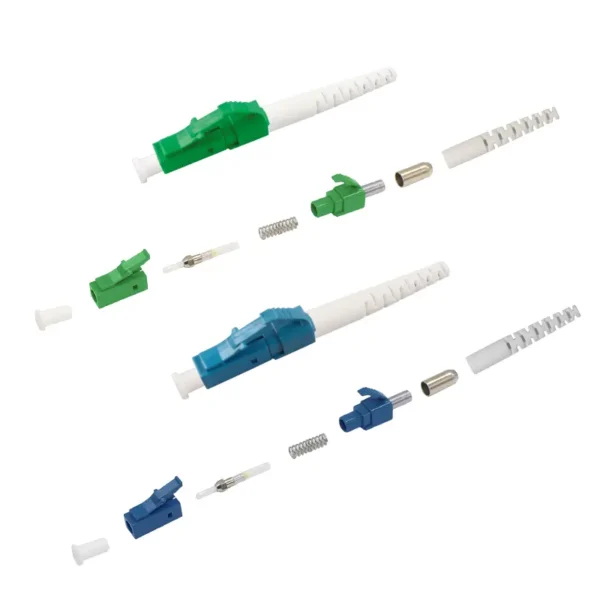 Vue éclatée des composants d'un connecteur à fibre optique de type à sertissage LC APC et UPC de 2,0 mm