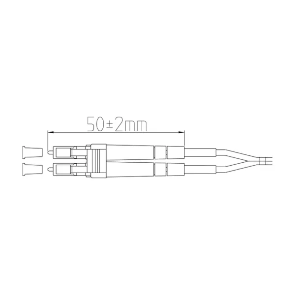 Plan coté d'un connecteur à fibre optique LC duplex de 2,0 mm, d'une longueur de 50 mm