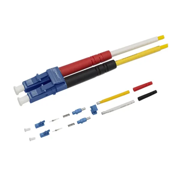 Vue éclatée des composants d'un connecteur à fibre optique monomode duplex LC UPC bleu de 2,0 mm
