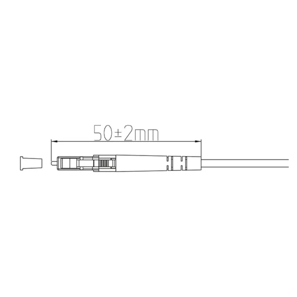 Plan coté d'un connecteur à fibre optique LC de 3,0 mm, d'une longueur de 50 mm