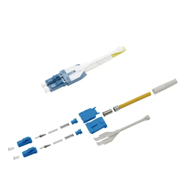 Vue éclatée d'un connecteur à fibre optique LC uniboot de 3,0 mm avec languette de traction et composants du manchon duplex