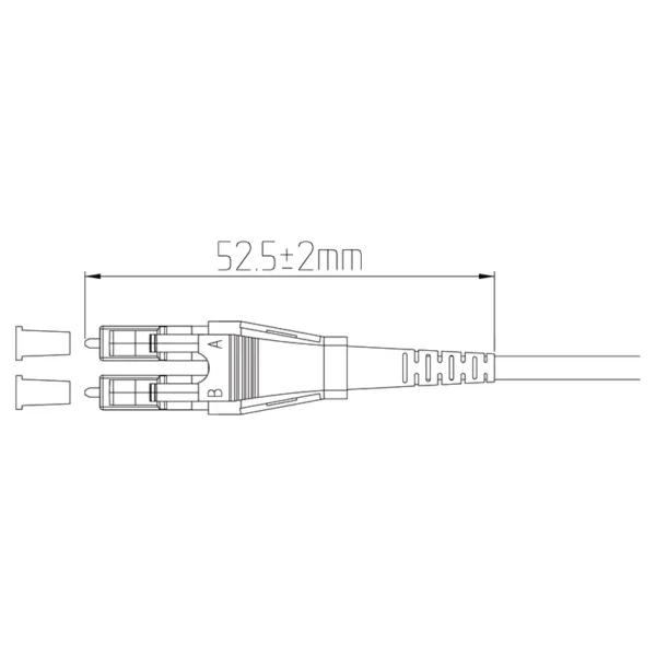 Plan coté d'un connecteur à fibre optique LC « uniboot » de 3,0 mm, d'une longueur de 52,5 mm