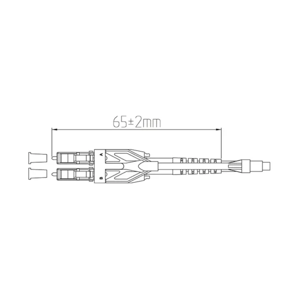 Plan coté d'un connecteur à fibre optique LC « uniboot » de 3,0 mm, d'une longueur de 65 mm