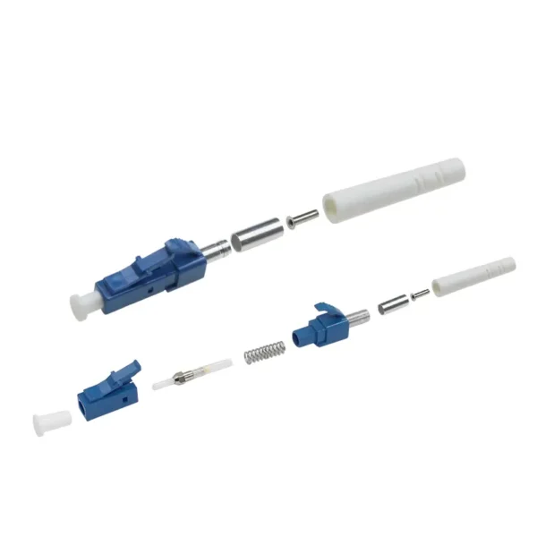 Vue éclatée des composants d'un connecteur à sertir pour fibre optique LC UPC bleu de 3,0 mm