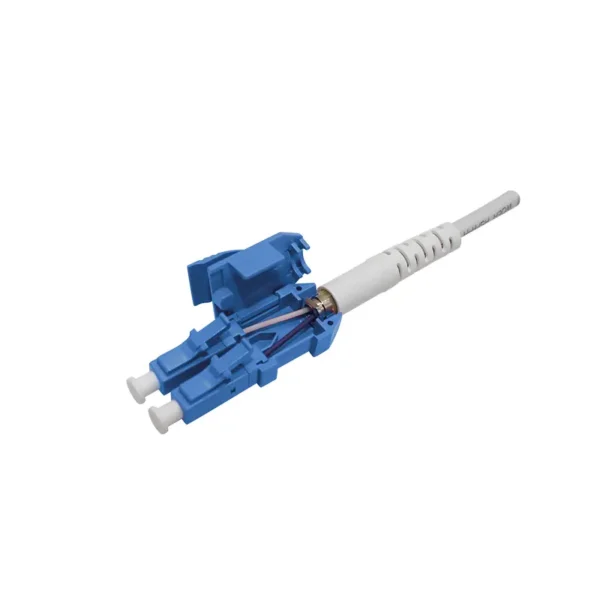 Connecteur à fibre optique Open Blue LC UPC à embout unique, montrant le cheminement interne du câble duplex