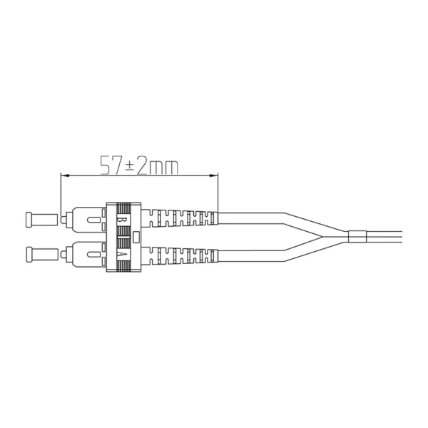 Disegno quotato di un connettore in fibra ottica duplex SC UPC da 3,0 mm con lunghezza di 57 mm