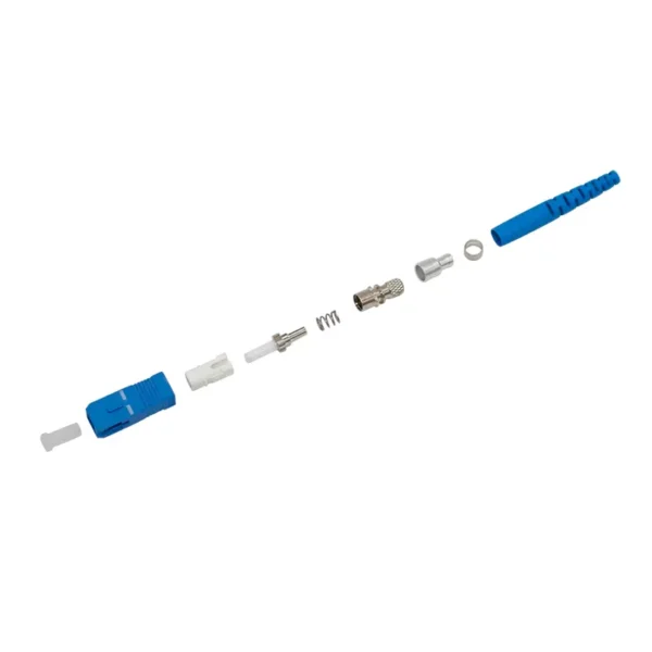 Vista esplosa dei componenti del connettore in fibra ottica monomodale blu SC UPC da 3,0 mm