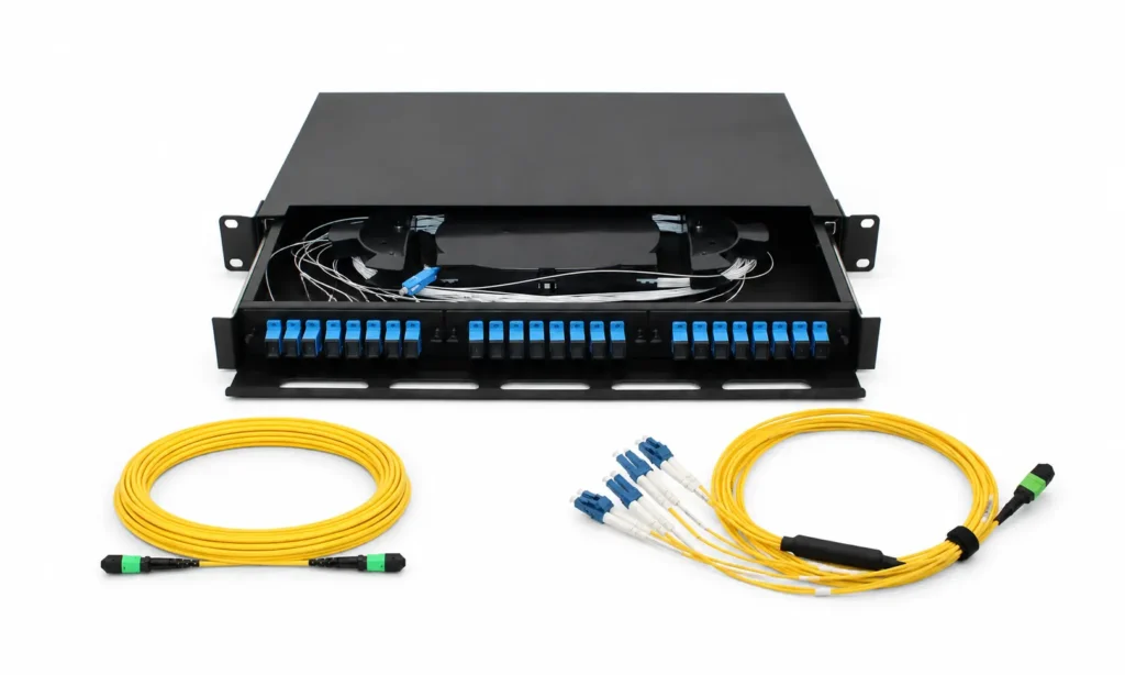 Pannello di permutazione in fibra ad alta densità, cavo MPO e cavo di derivazione per la connettività dei rack