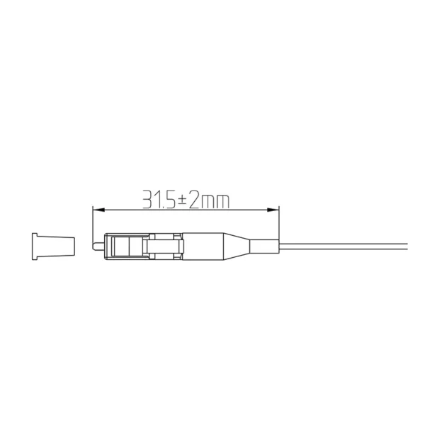 Desenho com dimensões de um conector de fibra óptica LC de 0,9 mm com 31,5 mm de comprimento