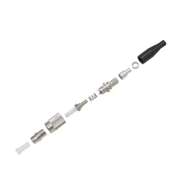Exploded view of FC UPC fiber optic connector components with green boot
