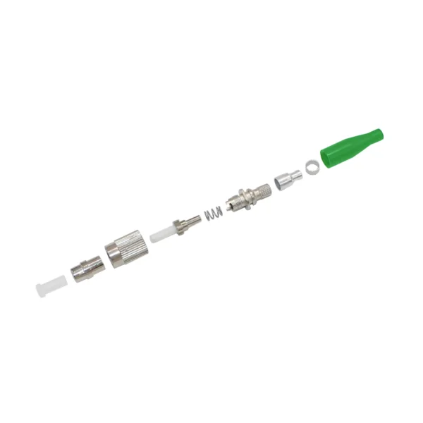 Exploded view of FC UPC fiber optic connector components with green boot