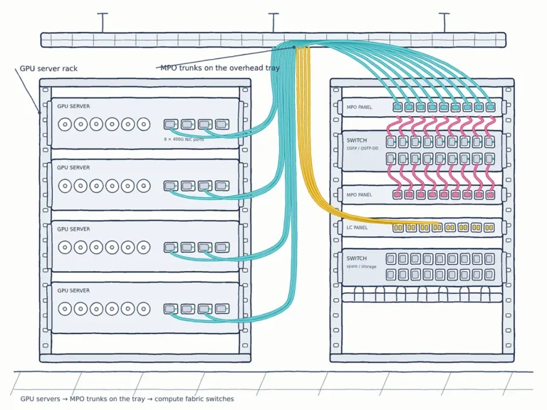 Illustrazione di una rete basata su GPU: un rack di server GPU collegato a un rack di switch tramite cavi trunk MPO su una passerella portacavi sospesa