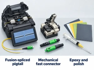 Three fiber optic termination methods on a workbench: fusion splicer and pigtail, mechanical fast connectors and cleaver, and epoxy syringe with polishing films.